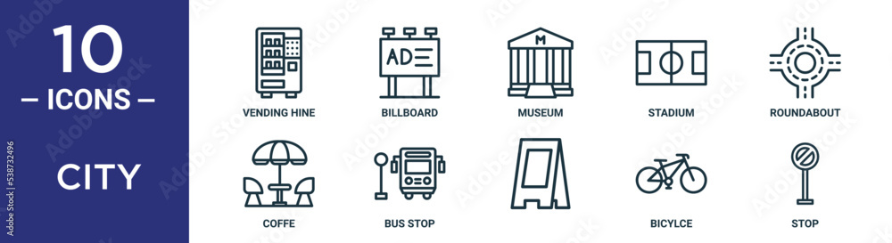 city outline icon set includes thin line vending hine, billboard ...