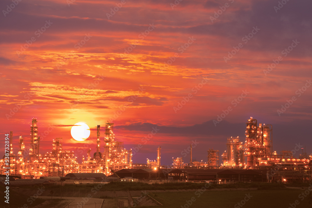 Fototapeta premium Gas turbine electrical power plant in the night with light power, for factory energy concept, oil industrial, natural gas, air pollution.