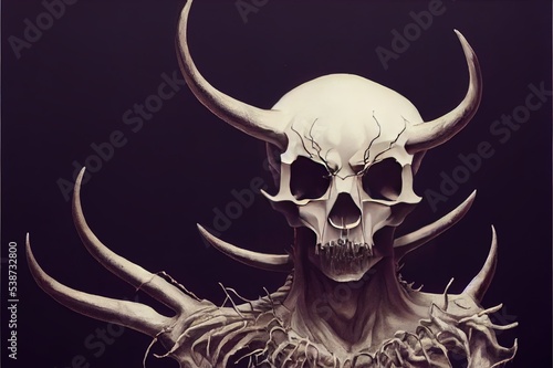 Creepy figure with animal skull with horns in the dark