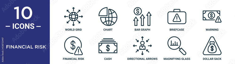 financial risk outline icon set includes thin line world grid, chart