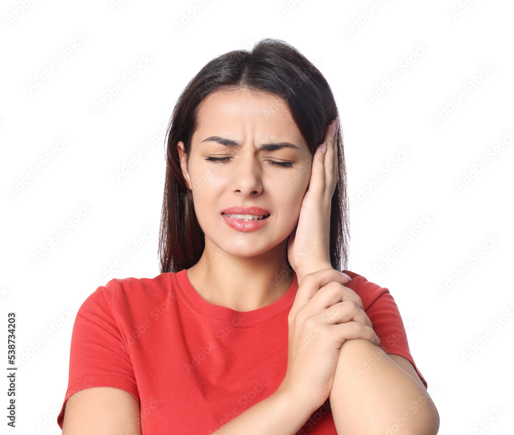 Young woman suffering from ear pain on white background Young woman suffering from ear pain on white background