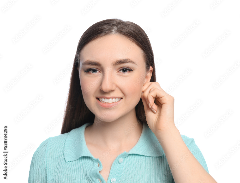 Young woman suffering from ear pain on white background Young woman suffering from ear pain on white background
