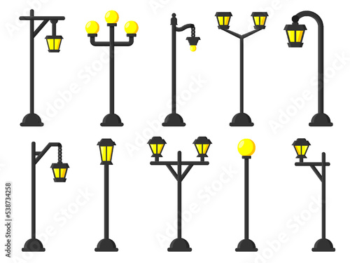 Streetlight streetlamp lamppost. Vintage street lantern poles. Urban road electricity illumination pillars. Retro lamp post with gas or old light bulbs. City Park square garden exterior lighting