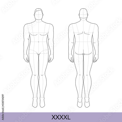 Set of XXXXL Men Fashion template extra large 9 head size Croquis over plus size Gentlemen model Curvy body figure front, back view. Vector boy for Fashion Design, Illustration, technical drawing