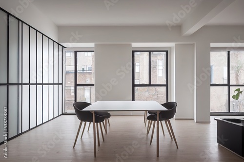 Rent of modern housing sale of new apartment  modern renovation. White furniture with utensils  shelves with crockery and plants in pots  refrigerator in simple minimal dining room  empty space