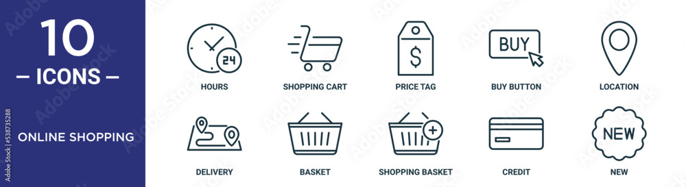 online shopping outline icon set includes thin line hours, shopping ...
