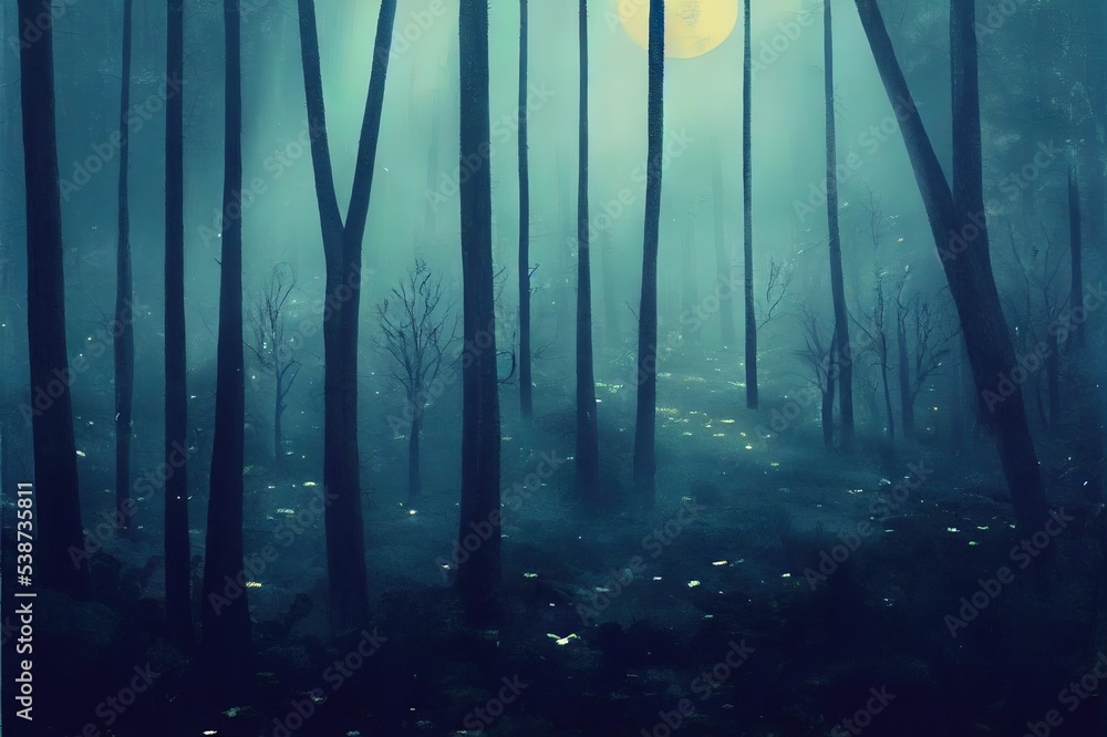 Obraz premium Dark gloomy forest. Night in the forest. Nature scene with forest and moonlight. Night view of the forest, nature, fog, smog, smoke.
