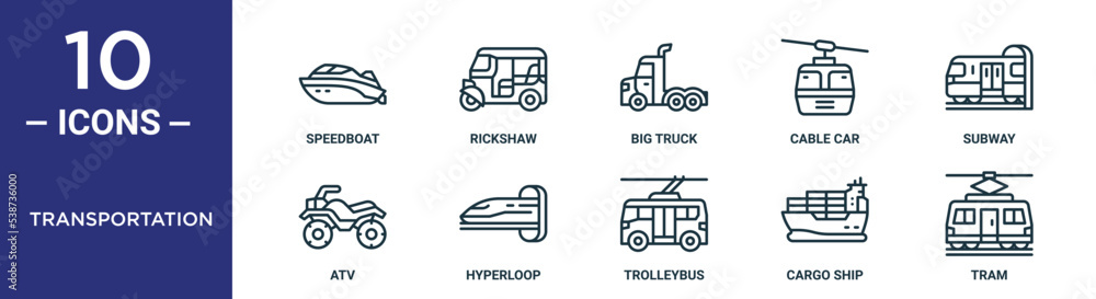 transportation outline icon set includes thin line speedboat, rickshaw ...