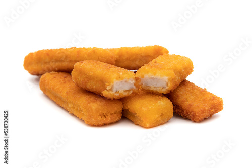 Tasty crispy fried fish sticks (fish fingers) on white background. Fast food concept.
