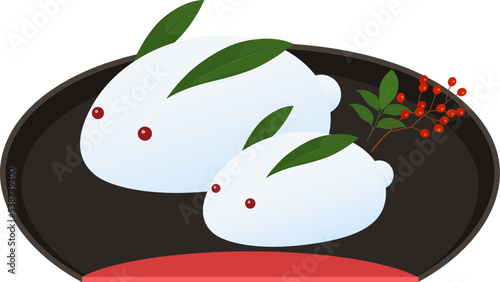お盆にのせた雪うさぎ_ベクターイラスト