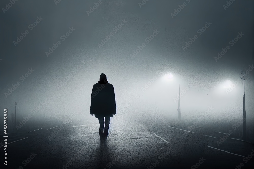 Illustration Of Mysterious Man Walking In A Dark Foggy Street, Solitude 