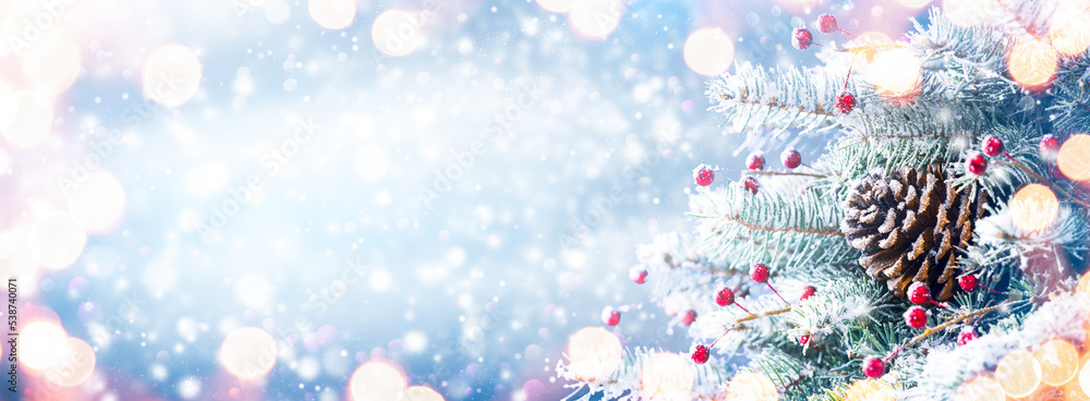 Christmas Decoration With Falling Snow And Glowing Lights - Christmas And Winter Background - obrazy, fototapety, plakaty 