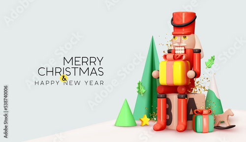 Christmas and New Year background. Realistic 3d holiday design, Nutcracker sitting on cube among Christmas trees in the snow, gift box in hands. Festive poster, web banner. Vector illustration