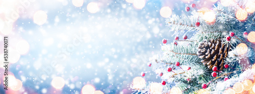 Christmas Decoration With Falling Snow And Glowing Lights - Christmas And Winter Background photo
