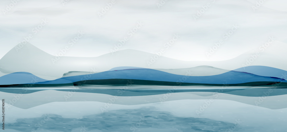Abstract watercolor art background with mountains on the lake in winter. Landscape banner in blue colors for wallpaper, decor, print, packaging, interior design.