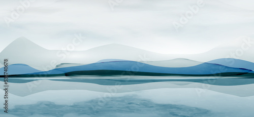 Abstract watercolor art background with mountains on the lake in winter. Landscape banner in blue colors for wallpaper, decor, print, packaging, interior design.