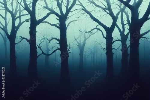Spooky misty foggy dark forest at night
