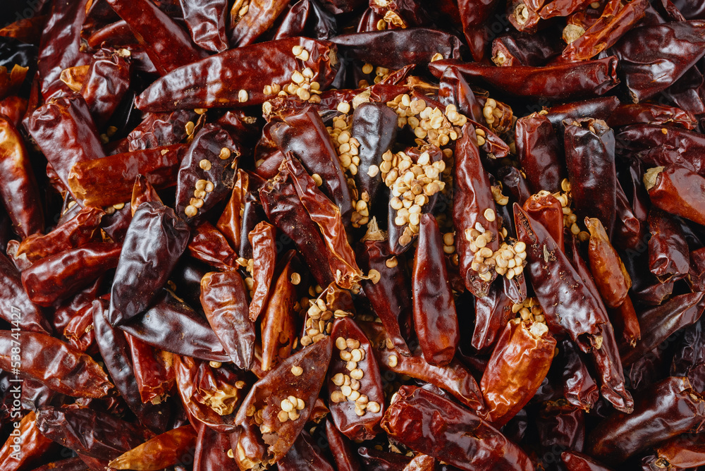 Top down image of dried and roasted cayenne peppers Top down image of dried and roasted cayenne peppers
