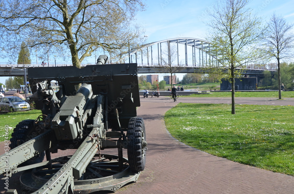 Artillery gun near the John Frost Bridge in Arnhem famous for 'the Bridge Too Far'. Artillery gun near the John Frost Bridge in Arnhem famous for 'the Bridge Too Far'.