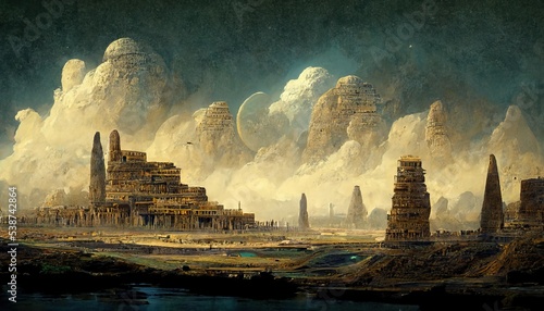 Ancient Sumerian city of Eridu, early city in southern Mesopotamia, close to the Persian Gulf near the mouth of the Euphrates River, illustration