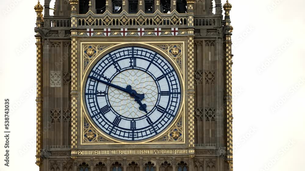 Close up view of the Big Ben time lapse video. Clock face of Elizabeth Tower in Westminster, London, UK. Arrow moving through time. Close up view of the Big Ben time lapse video. Clock face of Elizabeth Tower in Westminster, London, UK. Arrow moving through time.