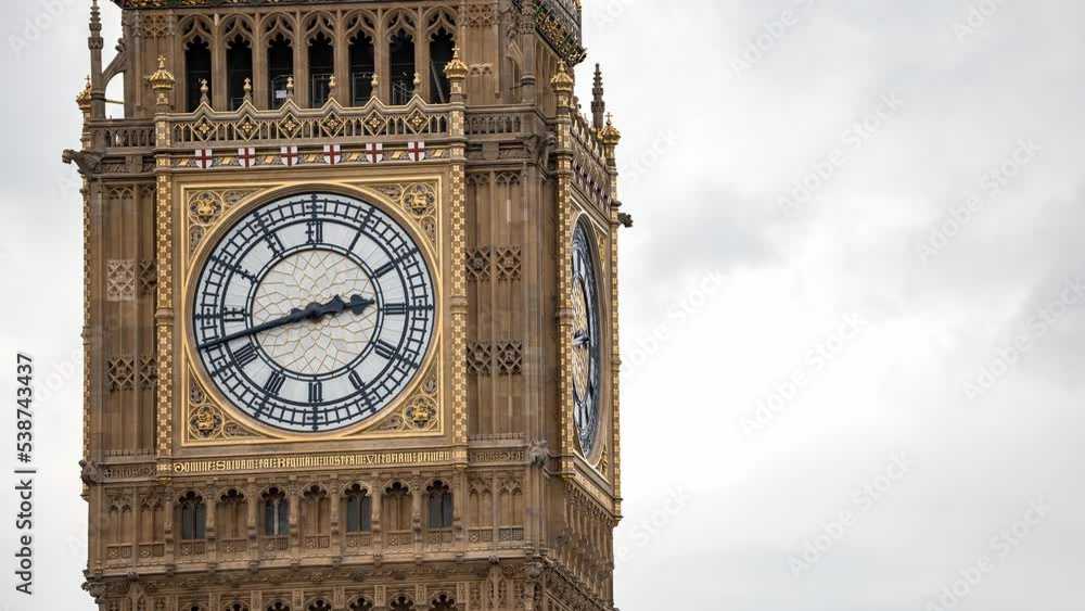 Close up view of the Big Ben time lapse video. Clock face of Elizabeth Tower in Westminster, London, UK. Arrow moving through time. Close up view of the Big Ben time lapse video. Clock face of Elizabeth Tower in Westminster, London, UK. Arrow moving through time.