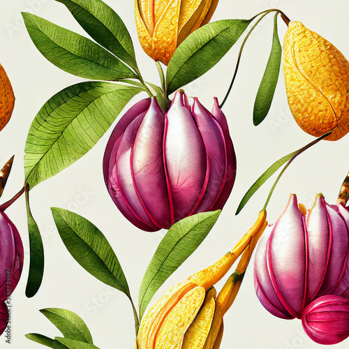 Exotic fruit seamless pattern repeat background. Plants tropical fruits vegetation herb, vegetable seamless repeat pattern tile. Digital paper detailed watercolor style. Motif botanical background
