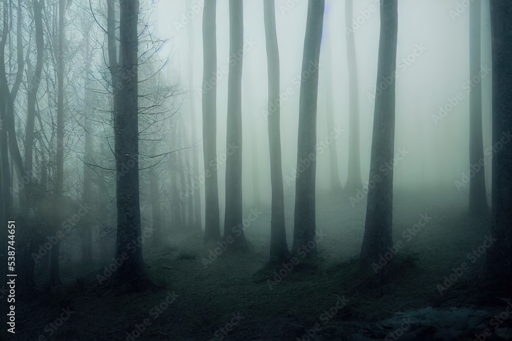Fototapeta premium Panorama of foggy forest. Fairy tale spooky looking woods in a misty day. Cold foggy morning in horror forest