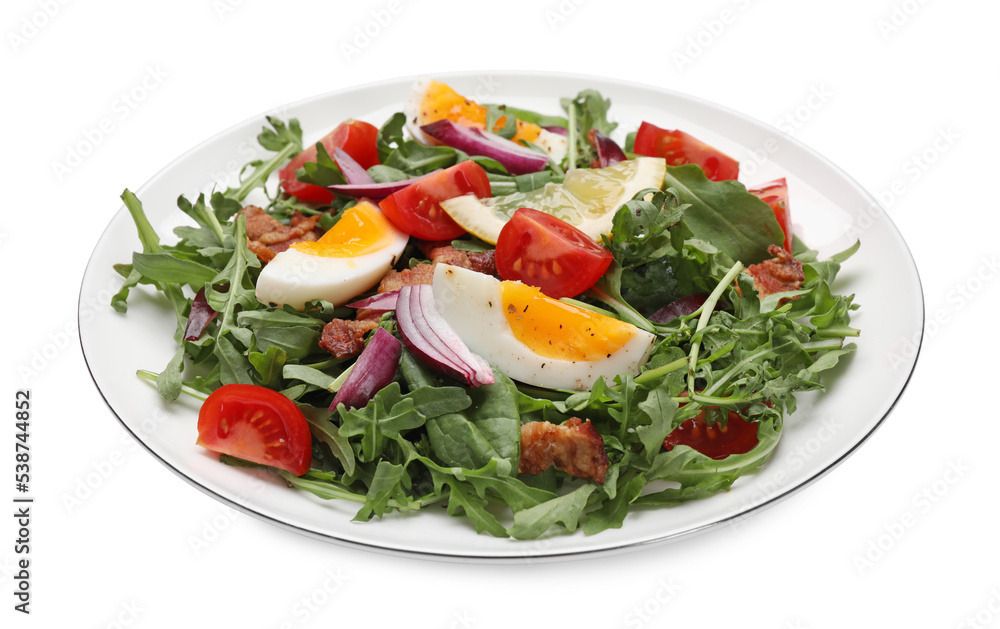 Delicious salad with boiled eggs, vegetables and bacon isolated on white Delicious salad with boiled eggs, vegetables and bacon isolated on white