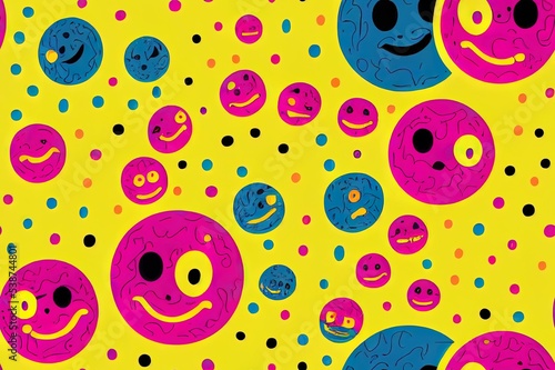 Melted smiley faces and flowers, trippy seamless pattern. Retro hippie psychedelic distorted emoji. Lava lamp smiley face 2d wallpaper. Happy facial expression with chamomiles hallucinations
