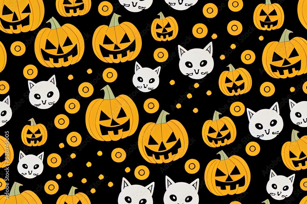 Fototapeta premium halloween seamless pattern with colored skulls and black cat, background scary or festive elements, flat design