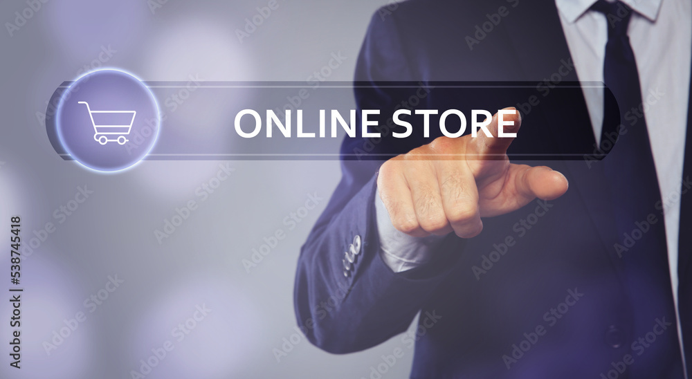 Man pointing at search bar with phrase Online Store on virtual screen, closeup Man pointing at search bar with phrase Online Store on virtual screen, closeup