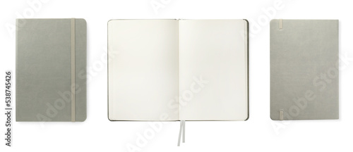 Set with light grey notebooks on white background, top view. Banner design photo
