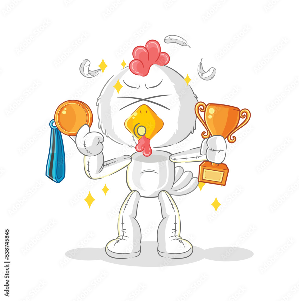 chicken winner with trophie. cartoon character chicken winner with trophie. cartoon character