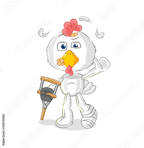 chicken sick with limping stick. cartoon mascot vector