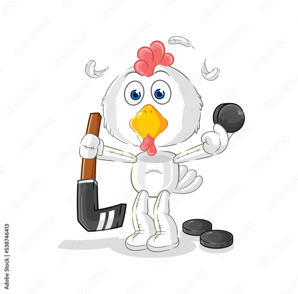 chicken playing hockey vector. cartoon character chicken playing hockey vector. cartoon character