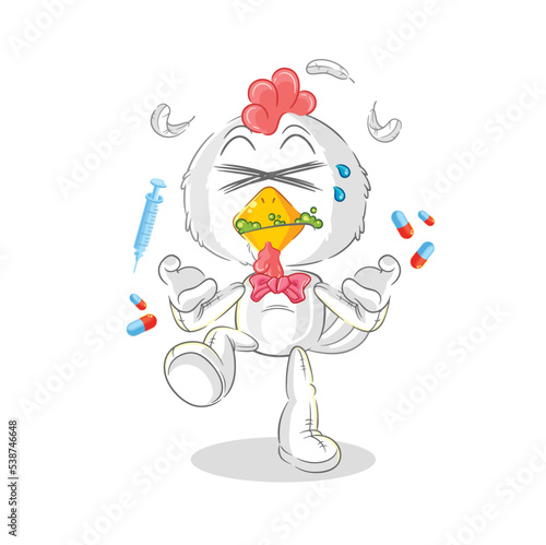 chicken drug overdose. cartoon illustration