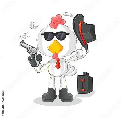 chicken mafia with gun character. cartoon mascot vector