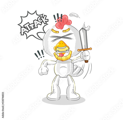 chicken knights attack with sword. cartoon mascot vector