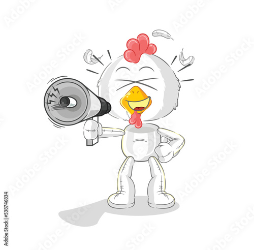 chicken holding hand loudspeakers vector. cartoon character