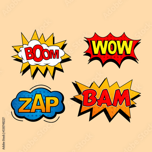 Comic book word set: Boom, Wow, Zap, Bam. Cartoon style comic dialogue cloud.