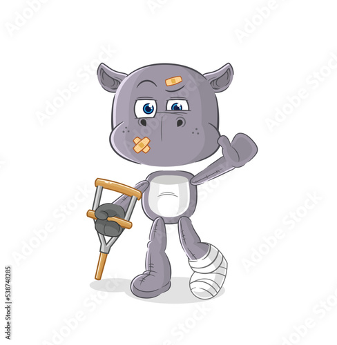 hippopotamus sick with limping stick. cartoon mascot vector