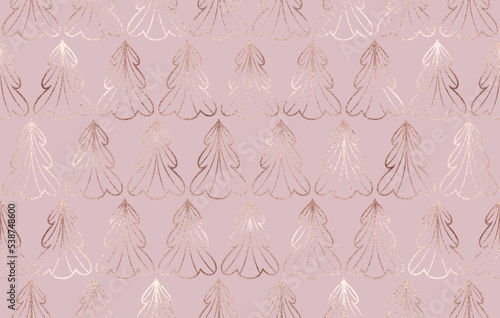 Decorative geometric seamless pattern with rose gold Christmas trees