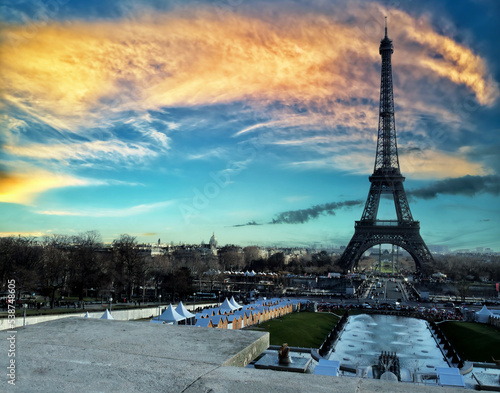 Eiffel Tower at sunset located in Paris  France