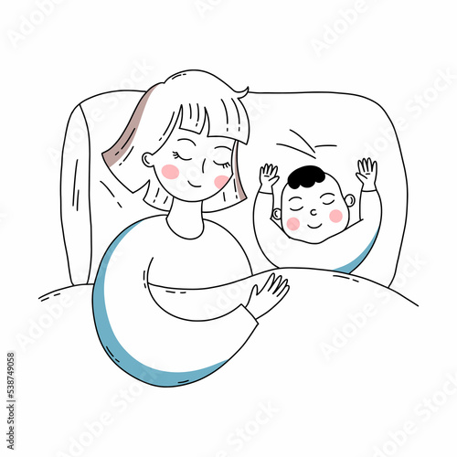 Mom and baby are sleeping in bed. Healthy baby sleep. Vector doodle illustration.