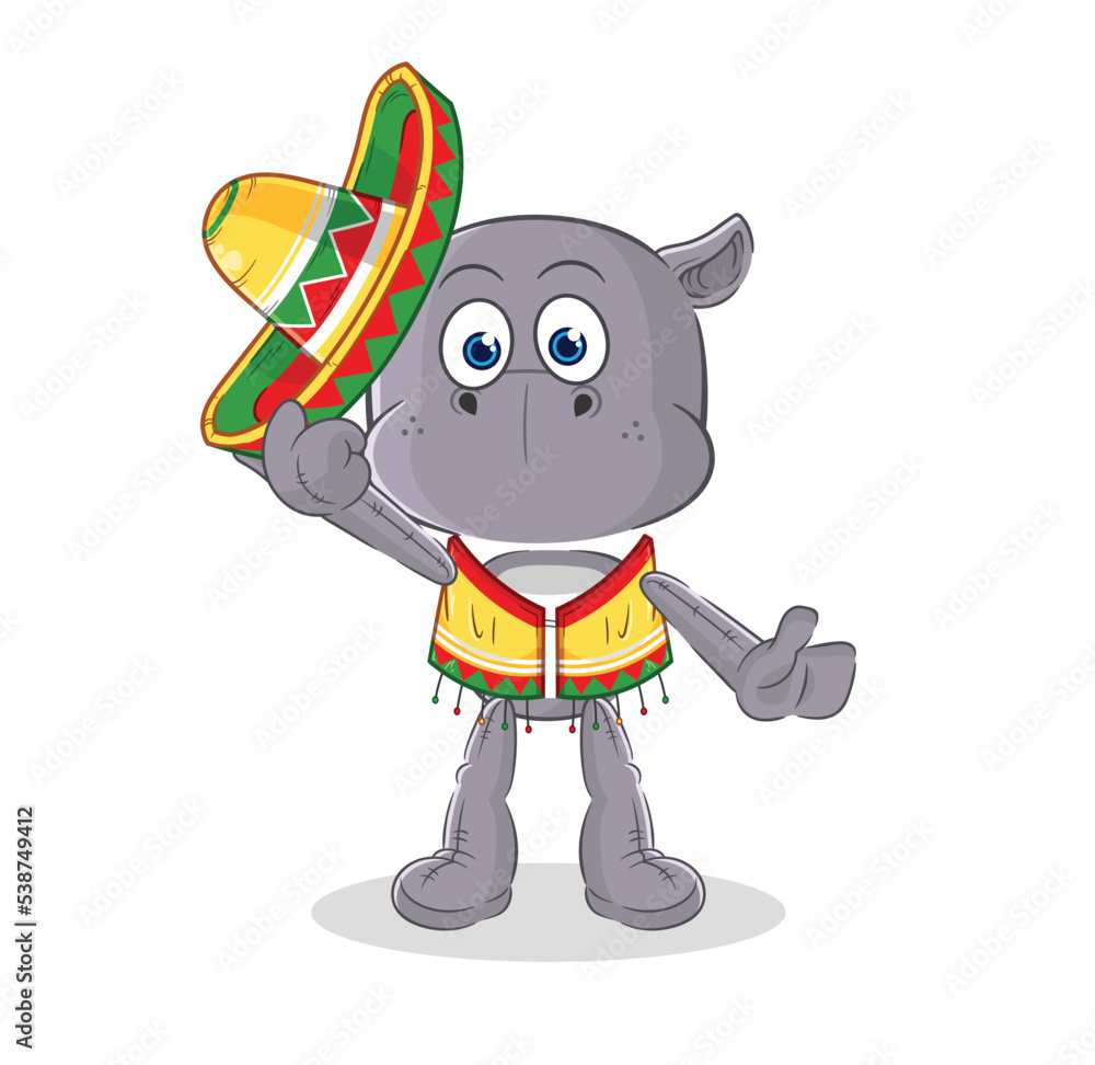 hippopotamus Mexican culture and flag. cartoon mascot vector hippopotamus Mexican culture and flag. cartoon mascot vector