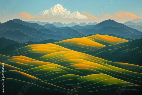 Beautiful mountain valley on a clear summer day. Agricultural farm fields in mountains. Mountain green valley landscape. Mountain green valley village