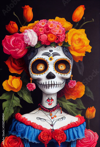 Catrina in a cartoon style. Catrina with flowers illustration. Mexican skull illustration
