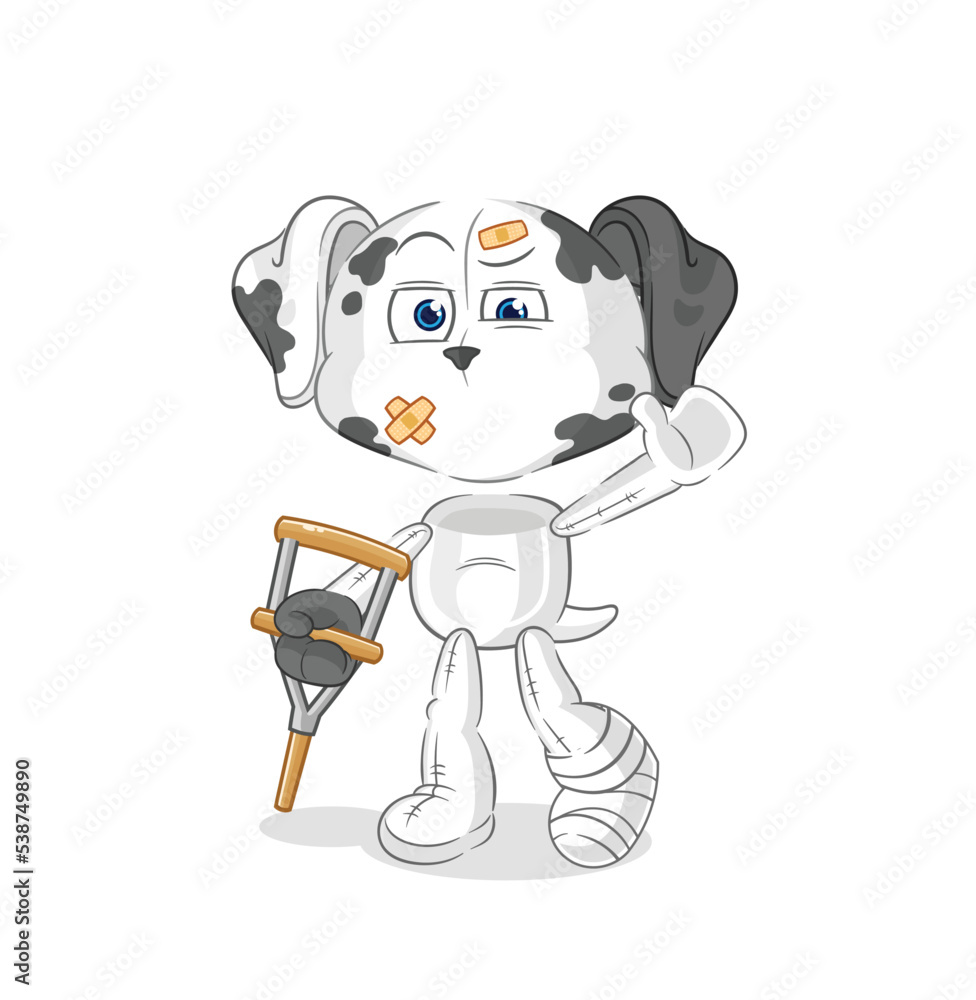 dalmatian dog sick with limping stick. cartoon mascot vector