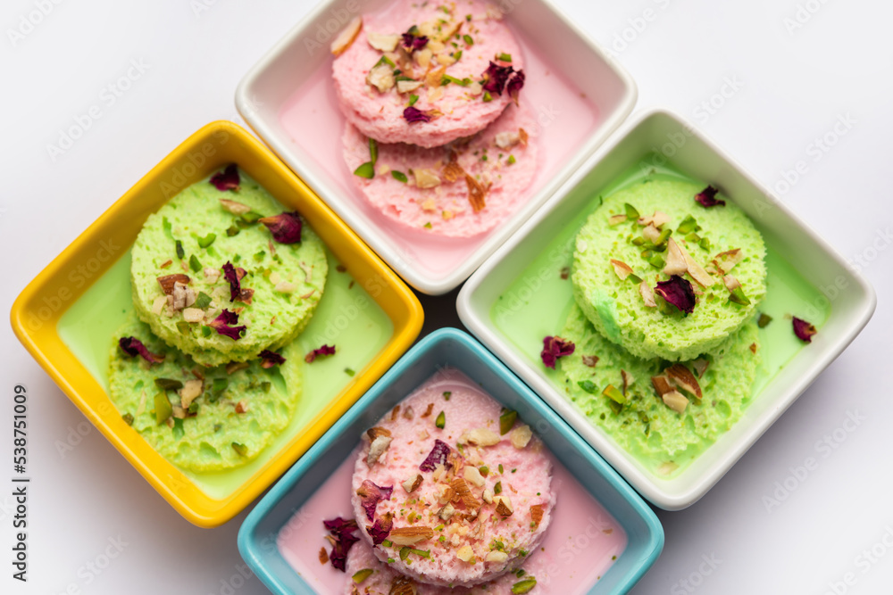 Bread Rasmalai, tweaked version of Ras malai using bread slices in Rose and pistachio flavours Bread Rasmalai, tweaked version of Ras malai using bread slices in Rose and pistachio flavours